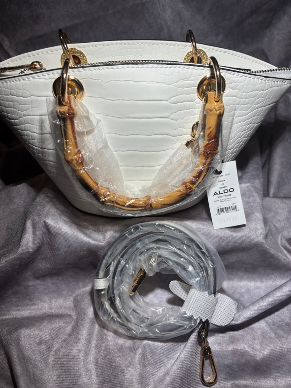 ALDO White Croc-Effect Satchel with Tan Bamboo handles